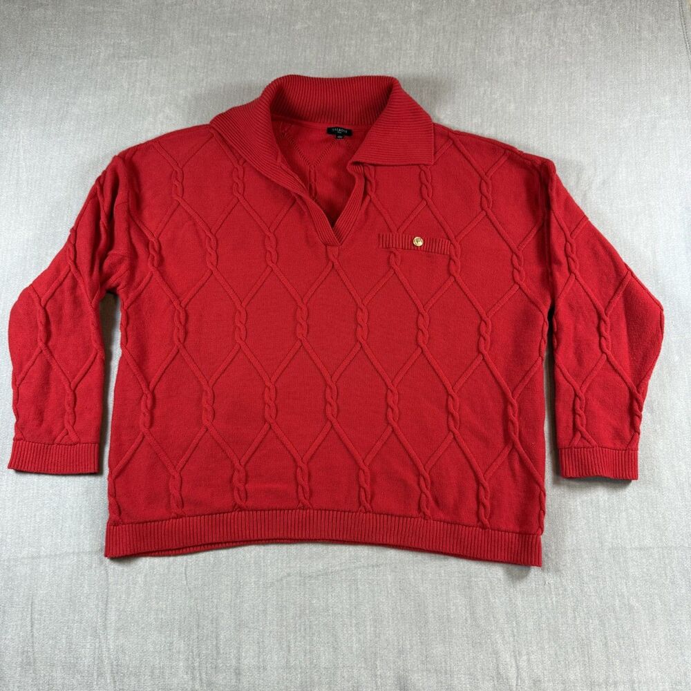 Talbots Red Cable Knit Collared Sweater Faux Pocket Gold Button 2X Christmas